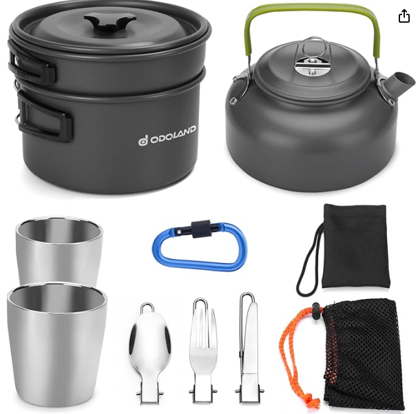 This popular affordable camping cookware set is aluminum, lightweight, and includes pots, pan, kettle, cups, and utensils