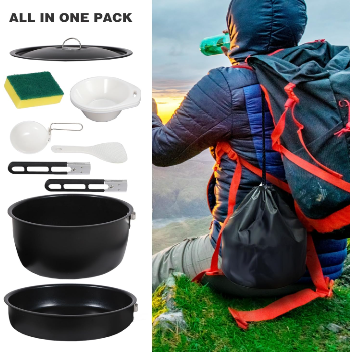 A complete affordable camping cookware set with utensils, cleaning sponge, kettle, and pot—all under $40
