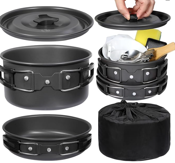 this affordable camping cookware set comes with pots, fry pan, spatula, sponge, and carrying bag