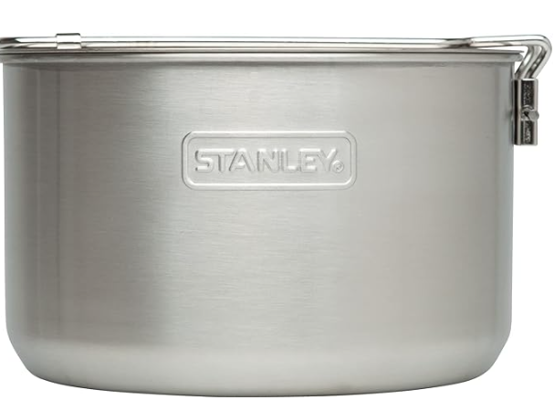 Stanley Adventure Camp Cook Set showing stainless steel pot and two nesting cups, ideal compact camping cookware for solo use