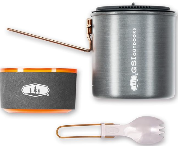 GSI Outdoors Halulite Soloist set with pot, bowl, and spork, compact camping cookware for solo use with nesting design