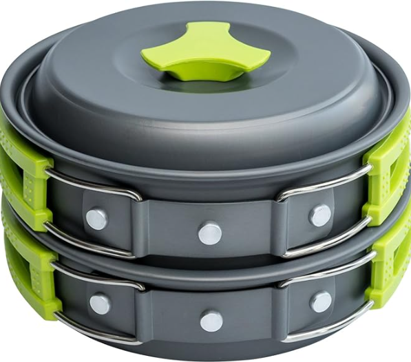 MalloMe compact camping cookware for solo use including pot, pan, spork, and accessories in a drawstring bag